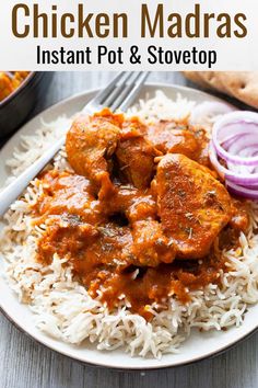 chicken madras instant pot and stovetop recipe on a white plate with red onions