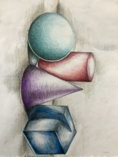 a drawing of three different colored objects on top of each other in pastel pencils