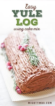 an easy yule log using cake mix on a plate with the title overlay