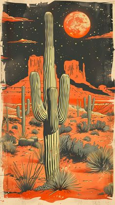 a painting of a cactus in the desert at night with full moon and stars above it