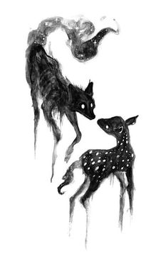 an ink drawing of two deers in the snow