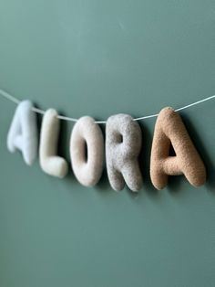 the word alora spelled with felt letters hanging from a line in front of a green wall