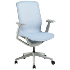 a white office chair with blue fabric on the back and armrests, viewed from the front