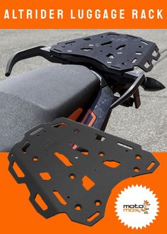 an orange and black motorcycle with the words altitude luggage rack on it