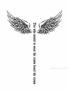 an angel wing with the words written on it and two smaller wings in black ink