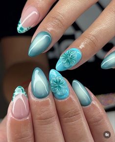 Simple Cute Almond Nails, Artsy Nail Art, Belize Nails, Island Nails Designs, Nail Inspo Almond Short, Turquoise Nails Designs, Turquoise Nail Ideas, Birthday Nails Designs, Water Nails Design