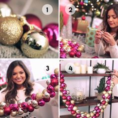 three pictures showing how to make a christmas ornament wreath with beads and ornaments