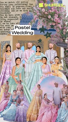 a collage of people dressed in pastel wedding gowns