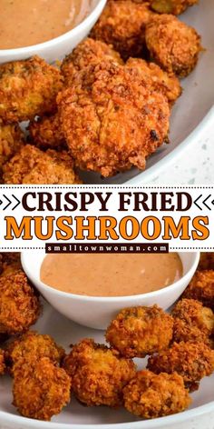 crispy fried mushrooms with dipping sauce on the side