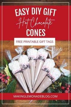 an easy diy gift for hot chocolate cones with free printable tags on it