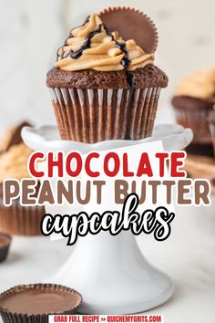 A chocolate peanut butter cupcake on top of a white serving platter.