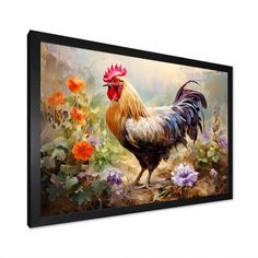 a painting of a rooster standing in the middle of flowers on a white background with black frame