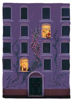 two people are looking out the windows of an apartment building with flowers growing on it