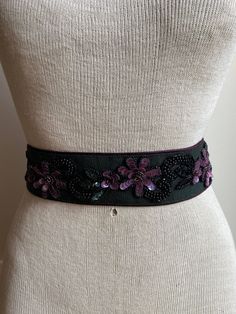 Victorian style bridal belt, 80s floral beaded belt, 3d flowers, sequined purple floral waist belt, black fashion statement, wedding belt Victorian Belt, Sequin Belt, Jeweled Belts, Purple Belt, 80s Floral, Wedding Belt, Wedding Belts, Bridal Sash, Beaded Belt