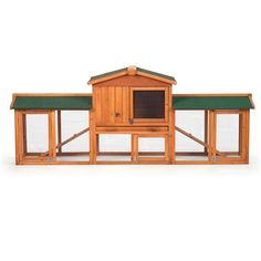 a wooden chicken coop with green roof and two chickens on the outside, in front of a white background