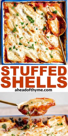 two pictures with different types of stuffed shells in them and the title above it reads stuffed shells