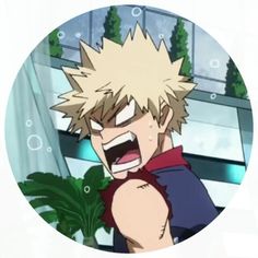 an anime character holding a plant in his right hand and looking at the camera with one eye open