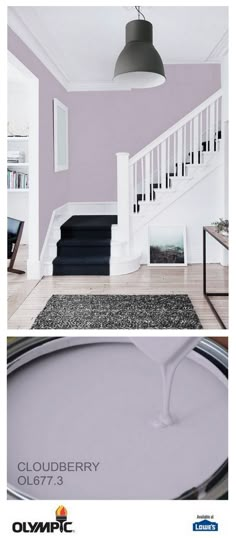 two pictures of the same room with purple walls and white stairs, one is painted in lilac