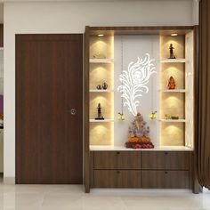 a living room with an open bookcase and decorative items on the shelves in front of it