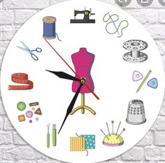 a clock with sewing related items on it