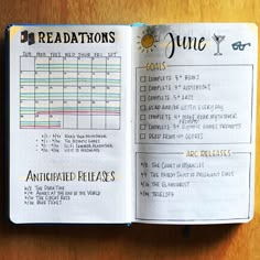 an open notebook with some sort of timetable on it's page and the words, readatons, june