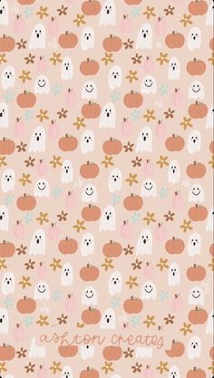 an orange and white background with pumpkins, ghost faces and leaves on it's side