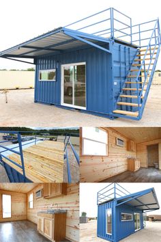 two pictures show the inside and outside of a shipping container with stairs leading up to it