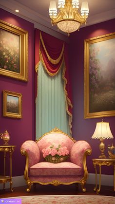 a living room with purple walls and paintings on the wall, gold furniture and chandelier