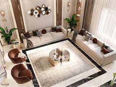 an aerial view of a living room with white couches and brown chairs, coffee table and rug