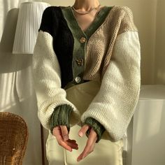 Bust 110 cm Length 51 cm Loose Jumper, Lantern Sleeve Sweater, Oversized Sweater Women, Winter Knit Sweater, Autumn Sleeve, First Day Of School Outfit, Cropped Cardigan Sweater, Vintage Patchwork, Knitting Women Sweater