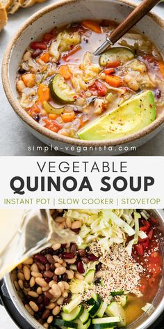 vegetable quinoa soup in a bowl with the title above it and an image of vegetables