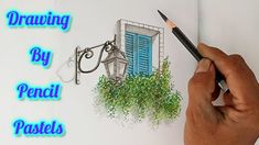 someone is drawing a window with pencils and watercolor on paper that says, drawing by pencil pencils