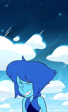 a cartoon character with blue hair standing in front of the stars and clouds on a night sky