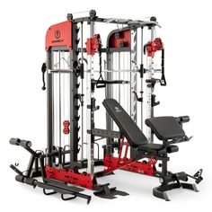 the body - solid smith home gym system is shown in black and red, with an adjustable