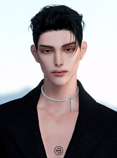 a man with black hair wearing a choker and diamond necklace on his neck is looking at the camera