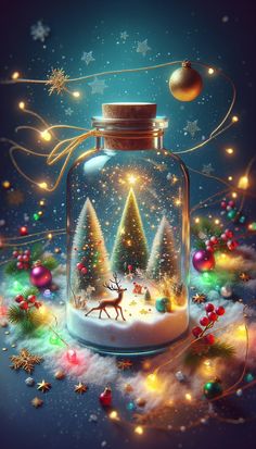 A festive glass jar contains mini Christmas trees, a reindeer, and decorations, surrounded by glowing lights and ornaments. Mini Christmas Trees, Ideas Navideñas, Screen Wallpapers, Beautiful Wallpaper For Phone, Mini Christmas Tree, Mini Christmas, Fall Pictures, Christmas Images