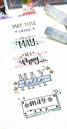 Subheader Ideas, Header Ideas For Projects, March Header, May Bujo Theme, Aesthetic Title Ideas, Journal Title Page Ideas, Bujo Title Page, Journal Headings, Journal Title Ideas