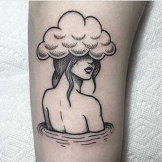 a woman with a cloud on her head is sitting in the water and she's floating