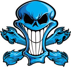 a blue skull and cross bones with fangs on it's face is shown in this image