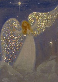 an angel with stars in the sky above her is holding a star shaped object up