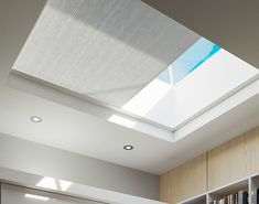 a room with a skylight and bookshelves on the wall next to it