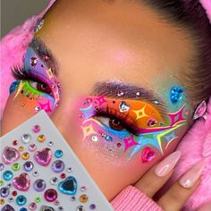 Flower Fx Makeup, Wedding Make Up Colorful, Care Bear Inspired Makeup, Fun Face Paint Ideas For Women, Candy Eye Makeup, Eccentric Makeup Looks, Raver Makeup, Blue Hair Character Design