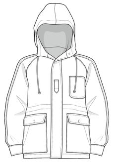 a drawing of a jacket with hood and zippers on the front, side view