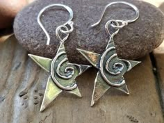 Vintage Earrings Aesthetic, Gay Earrings, Spiral Star, Silver Moon Earrings, Sacred Spiral, Sterling Silver Star Earrings, Spiral Jewelry, Moon Earring, Silver Star Earrings