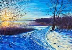 a painting of the sun setting over a frozen lake with trees and grass in the foreground