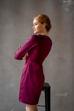 "This luxury exclusive design midi dress is perfect for any events outfit or casual work outfit. 100 % designed and handmade by Emsilk. I am pleased to offer your garments made to measure at no extra cost. All of my designs can be made in any colors that you see in my shop. Link to all colors in pure silk: https://www.etsy.com/shop/emsilkdesign?ref=seller-platform-mcnav&section_id=28483599 * Detail: - Boat neckline - Draped pencil style dress - Pleated detail on waist, shoulder - Fully lined Elegant Purple V-neck Mini Dress, Elegant Purple Midi Dress For Evening, Fitted Mid-length Purple Dress, Purple Fitted Mid-length Dress, Elegant Purple Office Dress, Elegant Knee-length Silk Cocktail Dress, Elegant Fitted Purple Bodycon Dress, Elegant Purple V-neck Midi Dress, Knee-length Silk Dress For Date Night