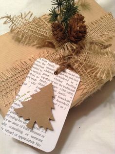 a gift wrapped in burlap with a pine tree tag