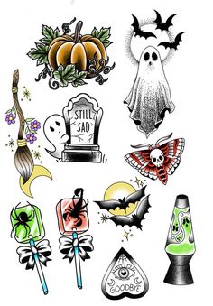 various halloween stickers are shown on a white background, including pumpkins and bats