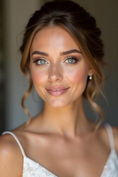 a beautiful woman with blue eyes and brown hair smiling at the camera, wearing a white dress