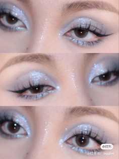 Makeup Looks For Your Birthday, Frosty Eyeshadow 2000s, Light Colored Eye Makeup, Electric Blue Makeup Look, Out Grown Wolfcut, Ethereal Hairstyles Aesthetic, White And Brown Makeup, White Glittery Eye Makeup, Siren Inspired Makeup